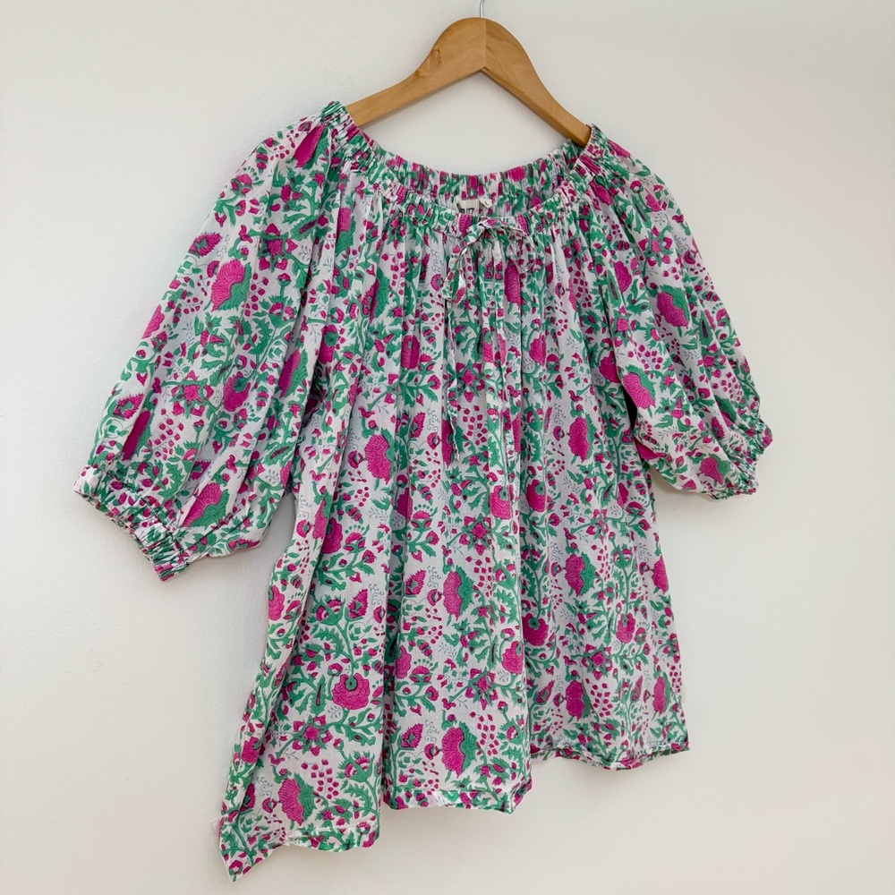 SZ Blockprints Hot Pink Floral Padra Tracy Top, Size Large - Picture 3 of 16